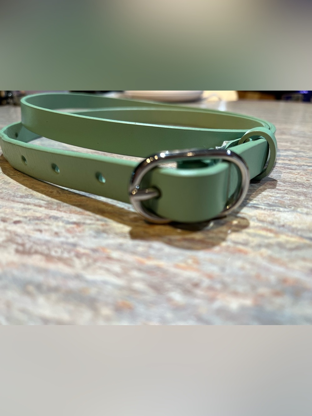 Lands' End Slim Leather Belt in Sage Green with Silver Buckle